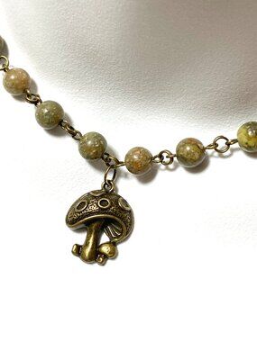 Natural Earthy Unakite Short Necklace,Gemstone & Cute Bronze Round Mushroom